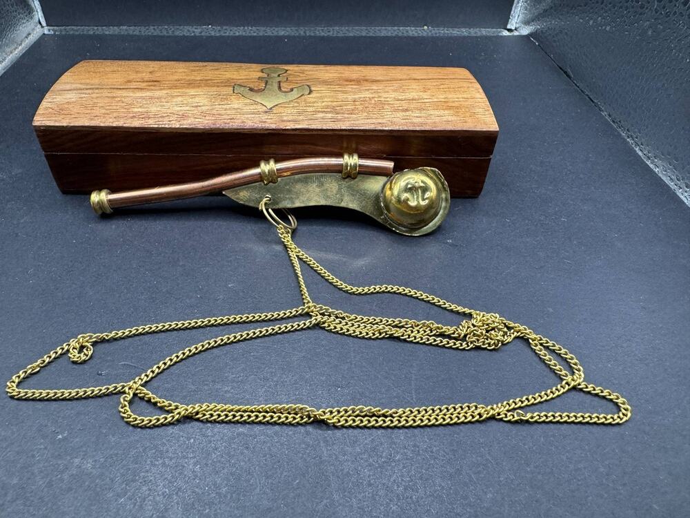 Nautical Boatswain Call Whistle Brass Copper with Wooden Anchor Display Case